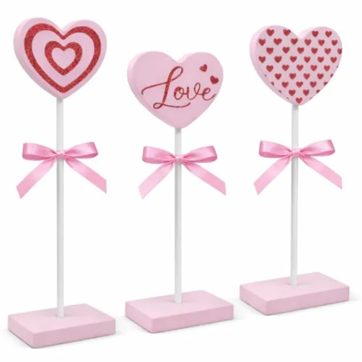 Gift Boutique 3 Pcs Valentines Day Tiered Tray Decor Set Pink Wooden Heart Shaped Sign Base Ornaments Table Mantle Home Wedding Engagement Decorations