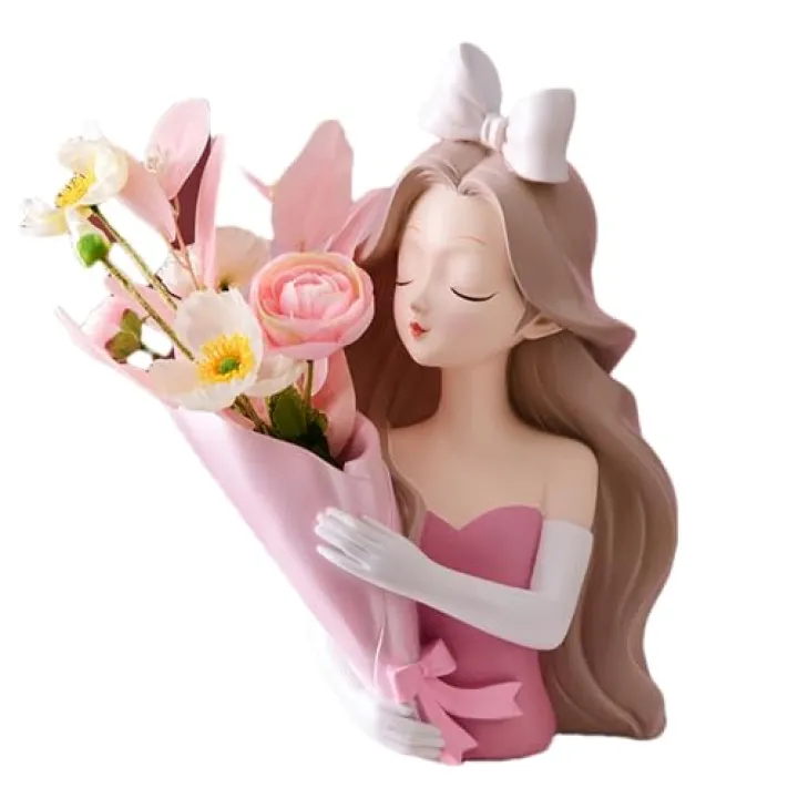 Girl Flower Vase, Girl Figurine Vase Resin, Beautiful Modern Female Sculpture Floral Vases for Dining Table Decor