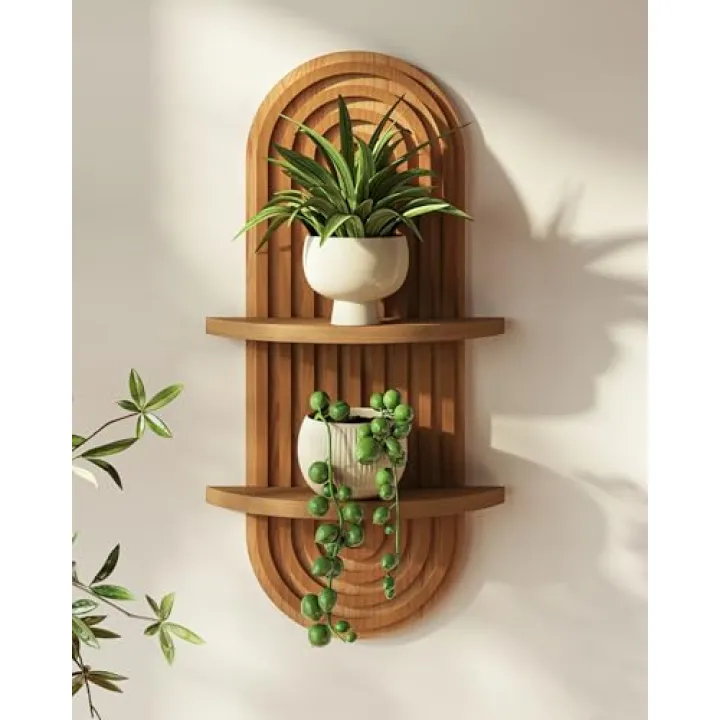 Bamworld Boho Wall Decor Brown Plant Wall Shelf, Mid Century Modern Decor Hanging Plant Shelf, 2-Tier Wooden Floating Shelves for Home, Bathroom Bedroom Living Room, Office Holding Planter Decoration