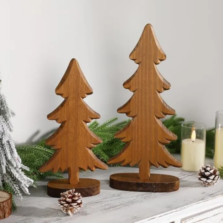 Christmas Decorations-2pcs Natural Wood Christmas Trees Tabletop Sign-Vintage Indoor Centerpieces for Table Mantle Xmas Party Decor(Wood)