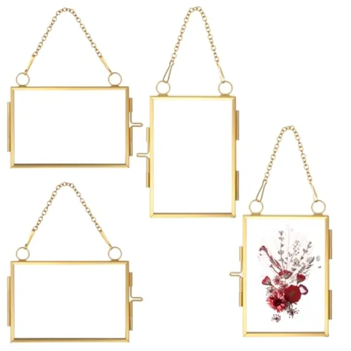 YUXIANLB 4 Pcs Double Glass Frame for Pressed Flowers, 2x3 Inch Picture Frame Mini Brass Wall Hanging Photo Frame with Chain for DIY Plant Specimen Wall Ornament Artwork Display Wall Decor (Gold)