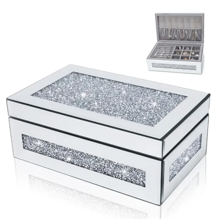 Poeuai Glam Rhinestone Crystal Silver Glass Jewelry Box, Sparkly Blinged Out Mirror Jewelry Box for Women, Valentine’s Day Gift for Her，Elegant Jewel Box for Romantic Gifting & Decorative Storage