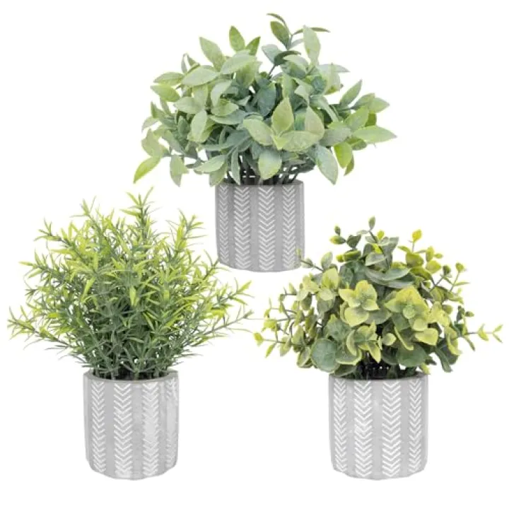 HOFMEFY Realistic Fake Plants Boho Geometric Cement Pots Farmhouse Bathroom Decor Rustic Centerpieces for Table Decoration Shelves Faux Eucalyptus Set of 3 in Heavy Concrete Planters