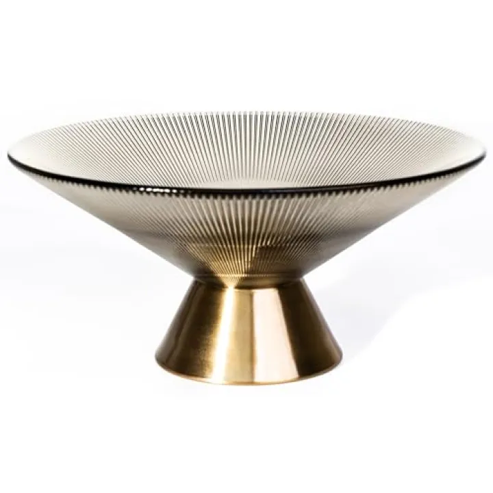 YXWPJTYT Tapered Glass Decorative Bowl (Coffee Brown), 9.8 Inches Handblown Striped Design Fruit Bowl with Rust-Resistant Metal Base for Home Decor, Table Centerpiece, Kitchen Island and Dining Decor