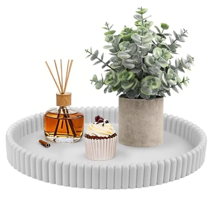 Osgevei 11.8in Decorative Tray for Coffee Table Decor- Gray Oval Concrete Tray for Home Decor- Scalloped Flat Modern Centerpieces Tray Decor for Living Room, Kitchen Dining Table, Entryway (Gray)