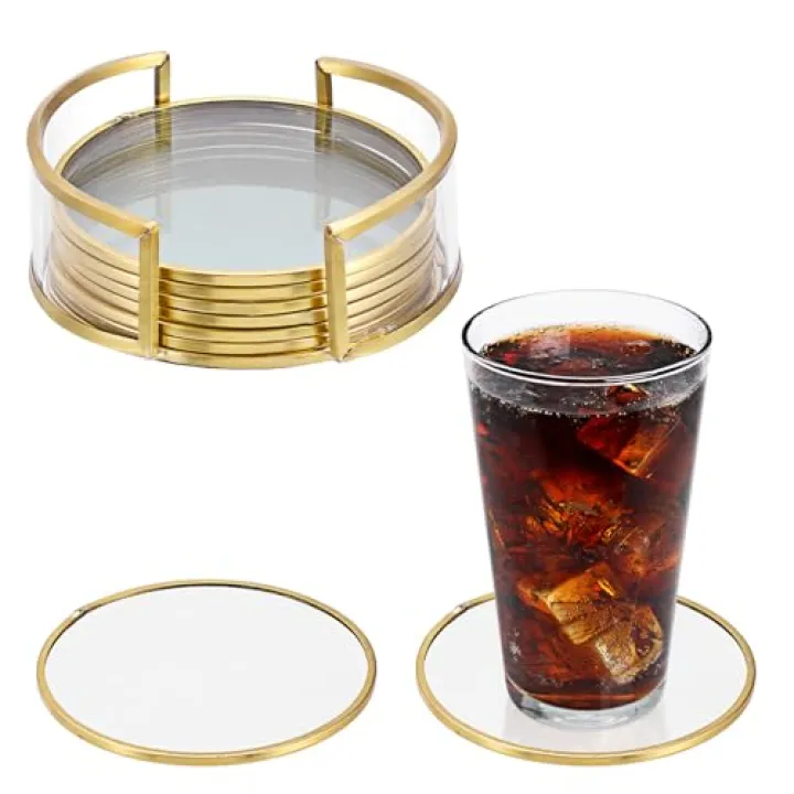 OGANAZI Glass Coaster Set of 8 Drink Coasters with Holder, Gold Brass-Coated Glass Coasters for Drinks, Round Cup Mats Coffee Table Décor for Kitchen, Living Room, Bar, Office, Patio, 4 Inches