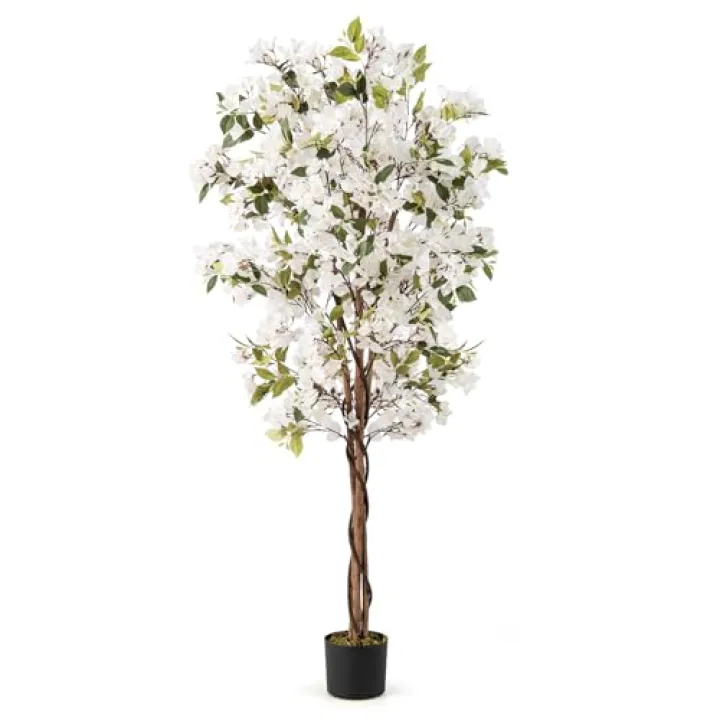 Goplus 6 FT Bougainvillea Artificial Tree, Faux Flower Tree in Pot with 910 Flowers, 105 Leaves, Real Wood Trunk, Tall Fake Floor Plant, Artificial Plants for Indoor Bedroom Living Room Decor, White