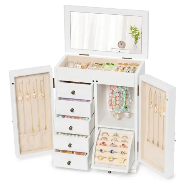 SINGBLA Jewelry Box Organizer, Farmhouse Wooden Jewelry Boxes for Women Girls, 6 Layer Jewelry Case Storage with Bracelet Holder Display Hooks for Necklaces Earrings Rings Bracelets (Weathered White)