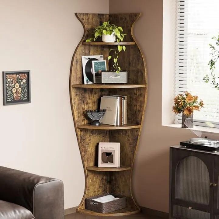 Nivisre Small Corner Shelf, 5-Tier Vase-Shaped Bookshelf Organizer for Living Room Decor, Bedroom, and Office, Modern Freestanding Corner Bookcase for Storage and Display, Vases Home Decor Accent