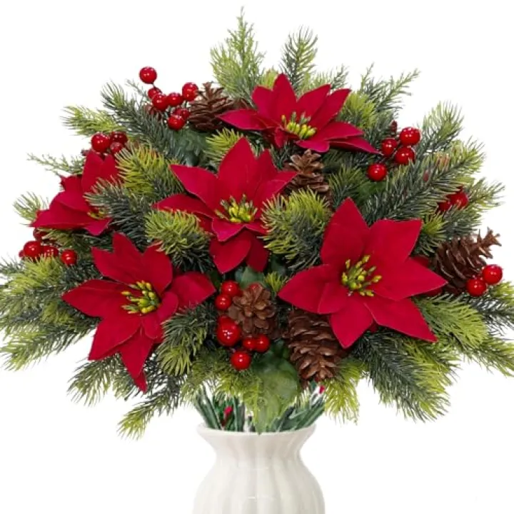 8PCS Artificial Flowers Bouquet Christmas Floral Poinsettia Pine Cones Red Berry Picks Stems Holly Holiday for Xmas Tree Party Decoration DIY Indoor Table Centerpieces