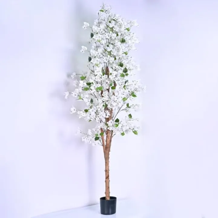 Artificial Blossom Bougainvillea Tree 6FT, Unique Fake Potted Tree with Realistic Blooming White Flowers, Decorative Faux Tree for Indoor Home Decor, Outdoor Plant for Front Door