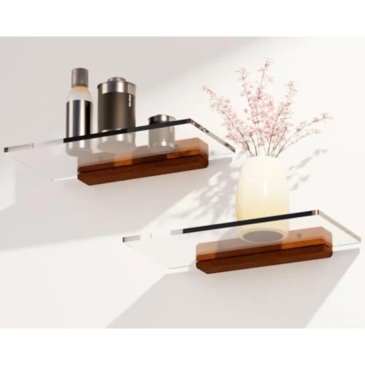 QsQueen Acrylic Floating Shelves with Solid Wood Base, Wall Mounted Shelf for Plants, Perfume, Nail Polish, Bathroom, Bedroom & Living Room Décor