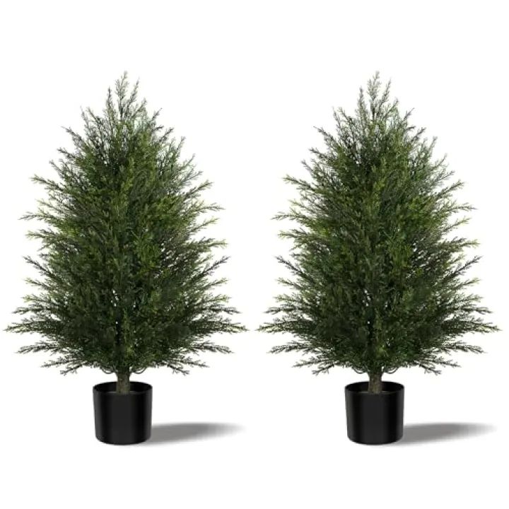 Mavis's Diary Artificial Topiary Ball Tree, Indoor Realistic Faux Boxwood Bush Potted Plants, Outdoor Fake Shrubs Cedar Evergreen Plants for Home Living Room Front Porch Decor (2, 3ft)