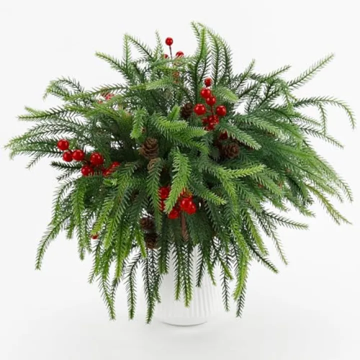 6Pcs Christmas Norfolk Pine Branches with 6Pcs Red Berry Stems 17" Artificial Greenery Pine Branch with Pine Cones Fake Evergreen Pine Stems Cedar Stems for DIY Flower Arrangement Indoor Xmas Decor