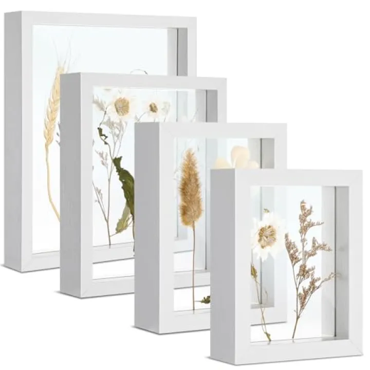 Fiwochic Floating Picture Frames Set of 4 Wooden Photo Frame Double Glass Pressed Flower Frames Wall Display and Tabletop Decoration Gift for Family Friends Birthday Wedding (10, 8, 6, 5 Inch)