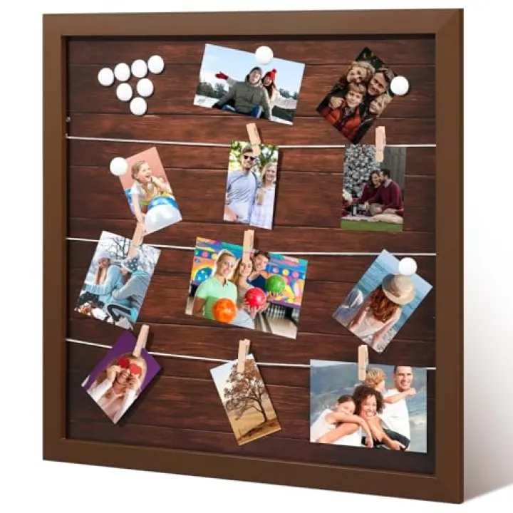 Copkim 20 x 20 Inches Magnetic Photo Picture Collage Frame Board for Multi Photo Display Wall Decor Hanging Picture Memory Board with 10 Magnets 12 Clips and 3 Ropes for Home Office Decor