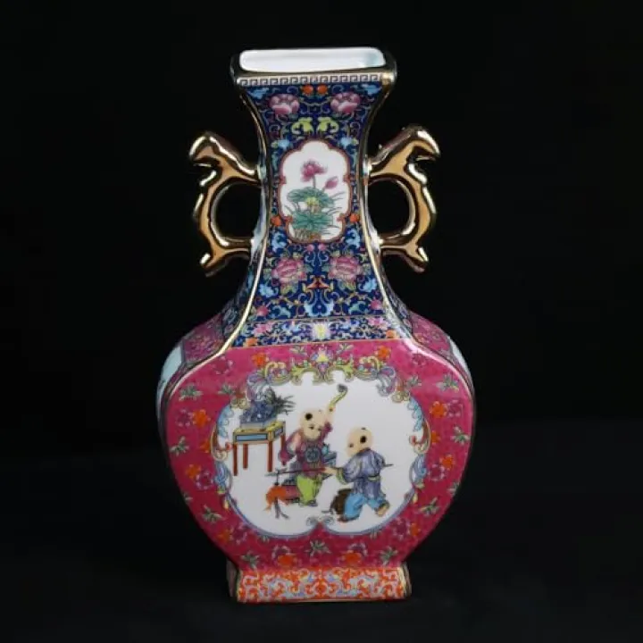 Kaolirra Antique Ceramic Vase - 9.8 Inch Enamel Porcelain Vase with Gold Trim, Chinese Purple Red Double-Handled Flat Ornament for Home Decor, Housewarming Gift, Collector's Art Piece