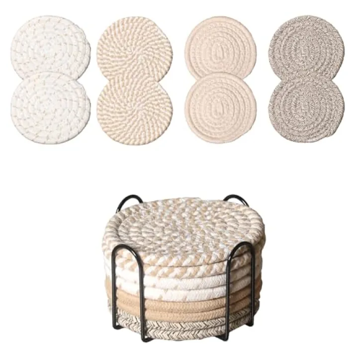 ZEXOLAP Drink Coasters Set of 8 with Holder – Cotton Woven Absorbent Coasters, 4 Colors for Coffee, Beer, Drinks & Tabletop Protection