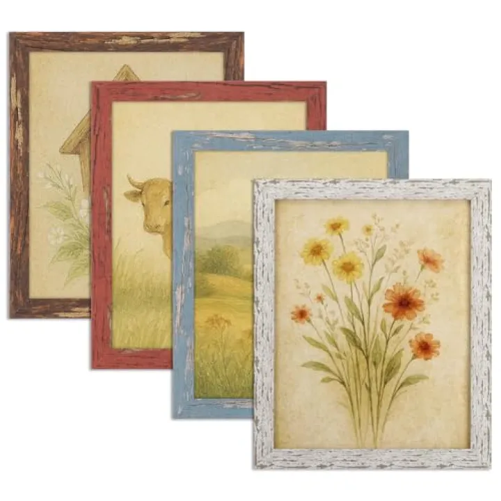 puthiac 8x10 Rustic Picture Frames, Farmhouse Distressed Wood Frame, Vintage Gallery Wall Photo Collage, Shatterproof Acrylic, Wall & Tabletop, Vertical/Horizontal, Vintage Art Prints, Set of 4