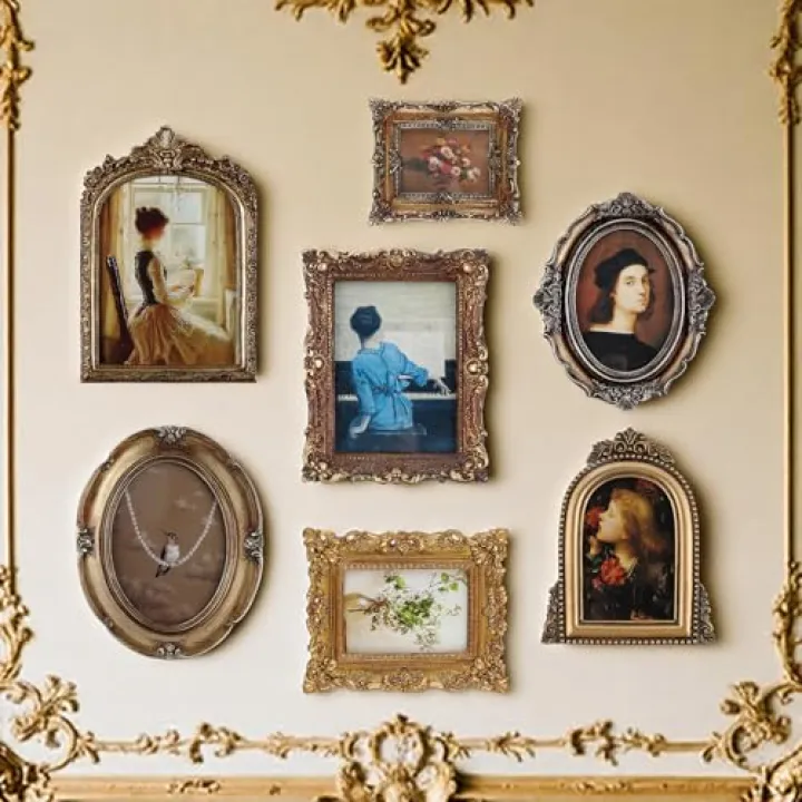 Wonderjune 7 Pcs Vintage Picture Frames Set with Glass Front Antique Gold Gallery Wall Frame for 4x6, 5x7 Baroque for Home Decor Photography Props Gifts, Wall or Tabletop(Rococo)