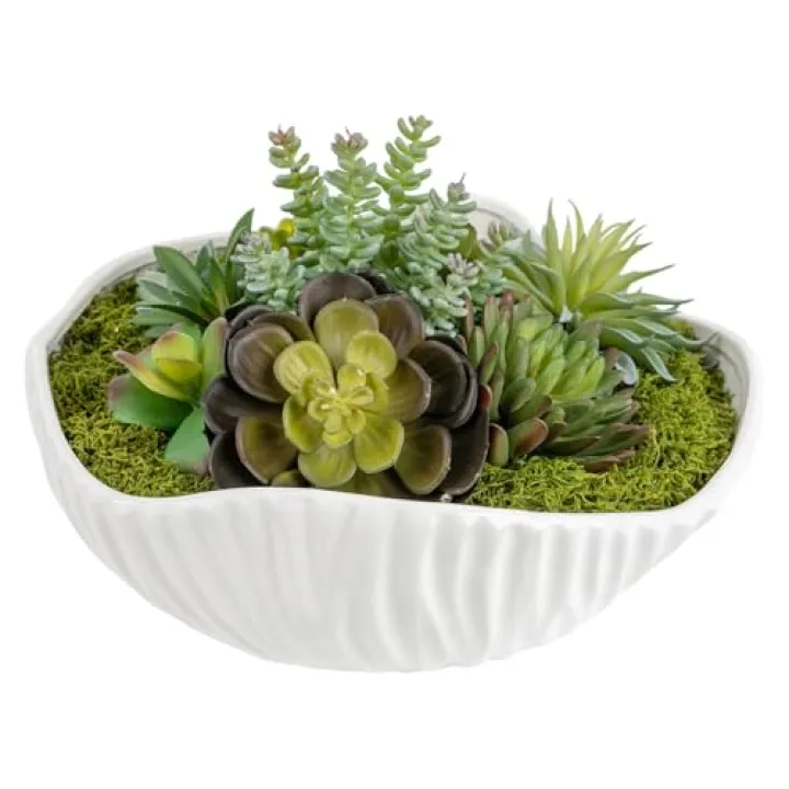 SKCSI White Ceramic Flower Pot with Realistic Succulent Plants and Moss for Interior (Gary)