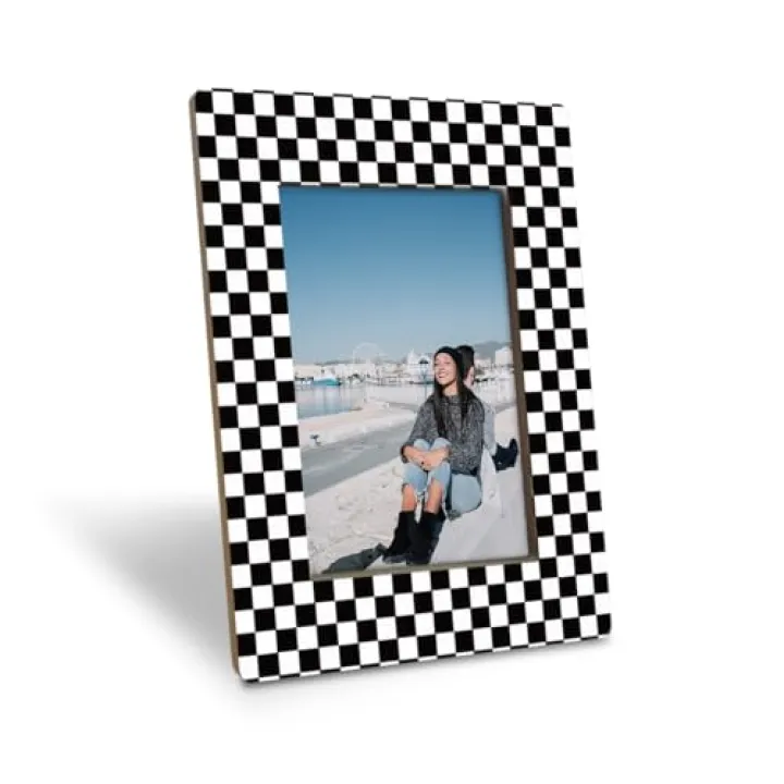 EDQAWN Black and White Checkered Picture Frame, Modern Geometric Pattern Frame for 4x6 Inches Photo, Display on Table Top Desk, Black and White Racing Flag Picture Frames