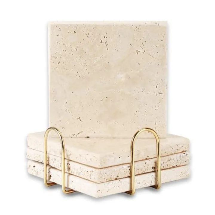 4pcs 4" Travertine Marble Coasters for Drinks Natural Coasters Set,Square of Stone Drink with Gold Cup Holder,Non Slip Cork Backing,Protect Tables from Stains Scratches Housewarming Gift, Wedding