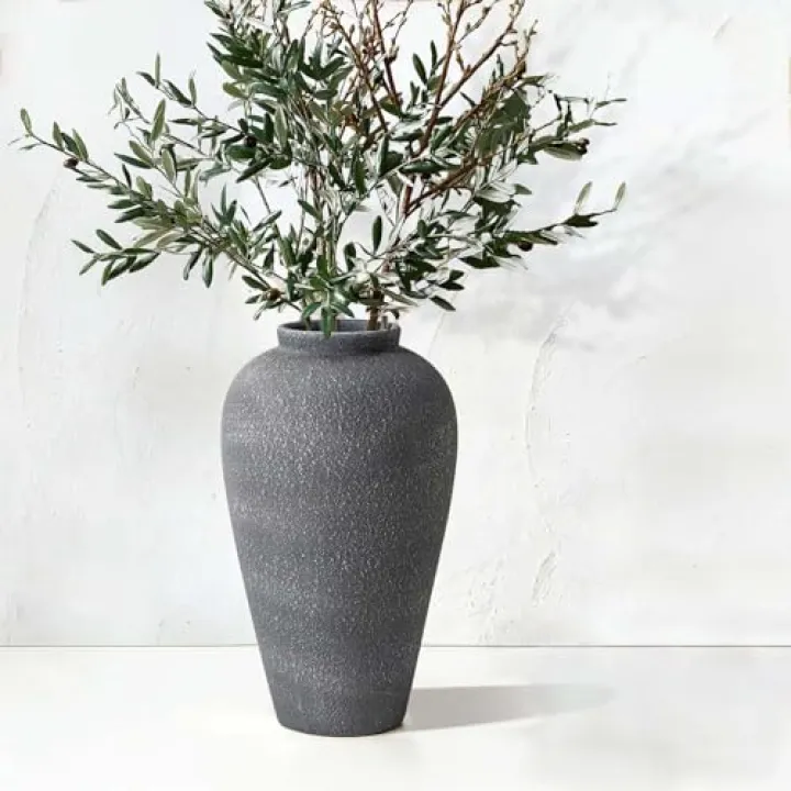 Large Ceramic Flower Vase 11 Inches, YBX Black Rustic Ceramic Vase, Decorative Farmhouse Tall Vase for Home Decor, Living Room, Bedroom, Centerpieces, Console, Wedding, Table Decorations, Black