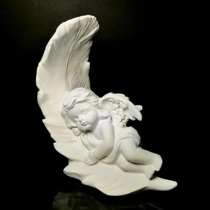 LWDUDE White Angel Statue with Wings - Small Left-Sleeping Cherub Figurine for Home Decor, Catholic Guardian Angel Indoor/Outdoor, Resin Baby Angel on Moon & Feather Base (4.3IN)