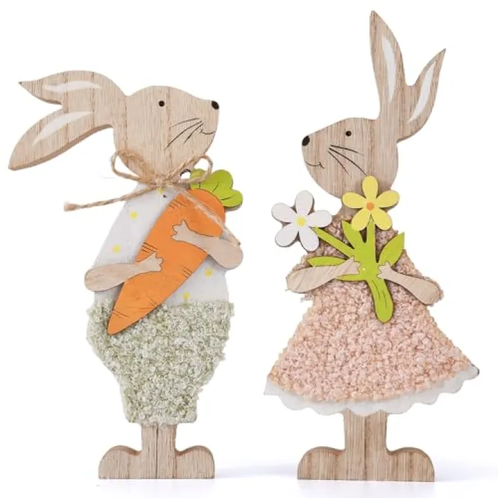 Easter Table Decorations Bunny Tiered Tray Decor Wooden Bunny Block Signs Gifts Happy Easter Centerpiece for Tables Wood Rabbit Tabletop Signs for Kitchen Home Shelf Office Decor