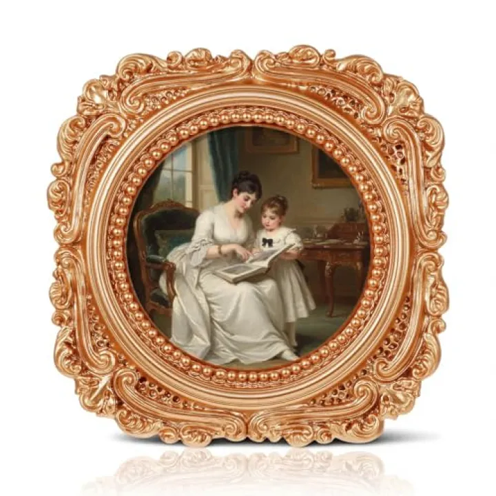TIESOME Vintage Picture Frames, 2.2x2.2 Round Gold Picture Frame Small Antique Ornate Circle Photo Frame with Easel Stand and Wall Hook for Tabletop Gallery Wall Display