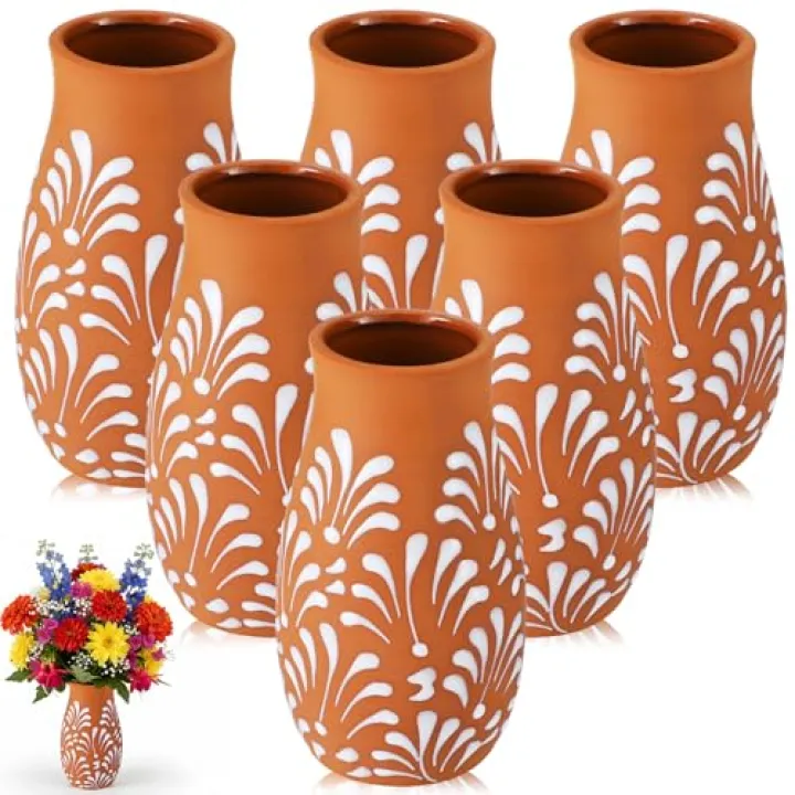 Teecyhooo 6 Pcs Cantaritos De Barro Mexicanos Mexican Terracotta Vases Floreros Jarritos De Barro Mexicanos Talavera Handpainted Clay Vase Tequila Margaritas Glasses for Table Fiesta Centerpieces