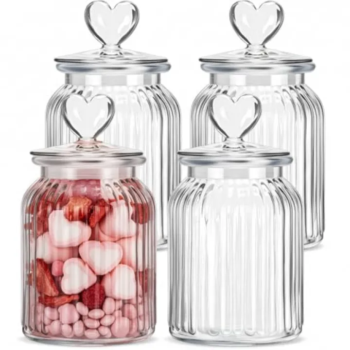Potchen 4 Sets 32oz Valentine's Day Cookie Jars Glass Candy Jar with Heart Lids Decorative Heart Containers Food Storage Canister with Airtight Lid for Valentines Party Table Decoration(Clear Lid)