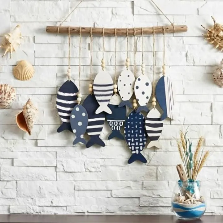 Thyle 10 Pack Wooden Fish Wall Hanging Wood Fish Sculpture Home Decor Ornament with Beads Beach Theme Wall Art Hanging Nautical Decoration for Home Lake House Bathroom Bedroom Indoor Outdoor Decorated