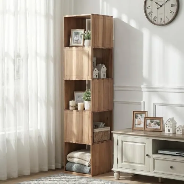 unununu Solid Wood Corner Shelf, Square Bookcase Cube Tower, Stationary Shelves - Sturdy Freestanding Organizer for Beside TV Stand&Room Corners, Storage Display for Small Spaces, Rustic Brown, 5-Tier