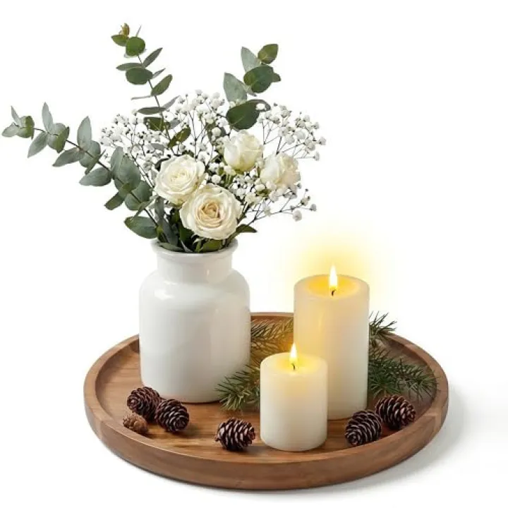 11.7" Round Wooden Tray, Acacia Wood Serving Tray – Charcuterie Board & Coffee Station Organizer for Kitchen Counter, Decorative Wooden Round Tray for Home Decor