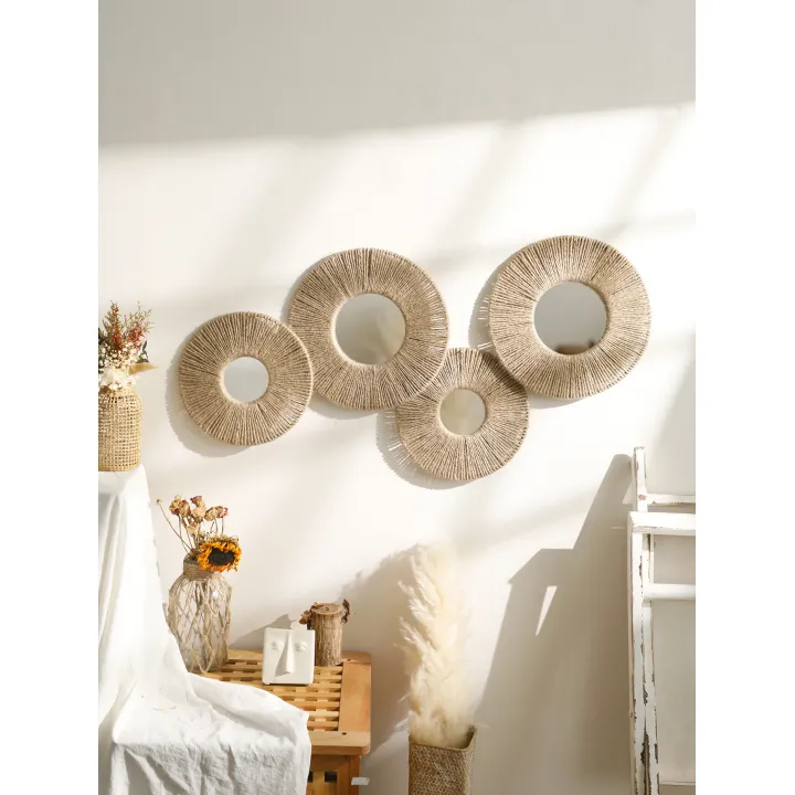 Round Wall Mirror Hanging Decorative Mirrors With Woven Hemp Rope Boho Mirrors for Bedroom Living Room Bathroom Wall Decor Gift