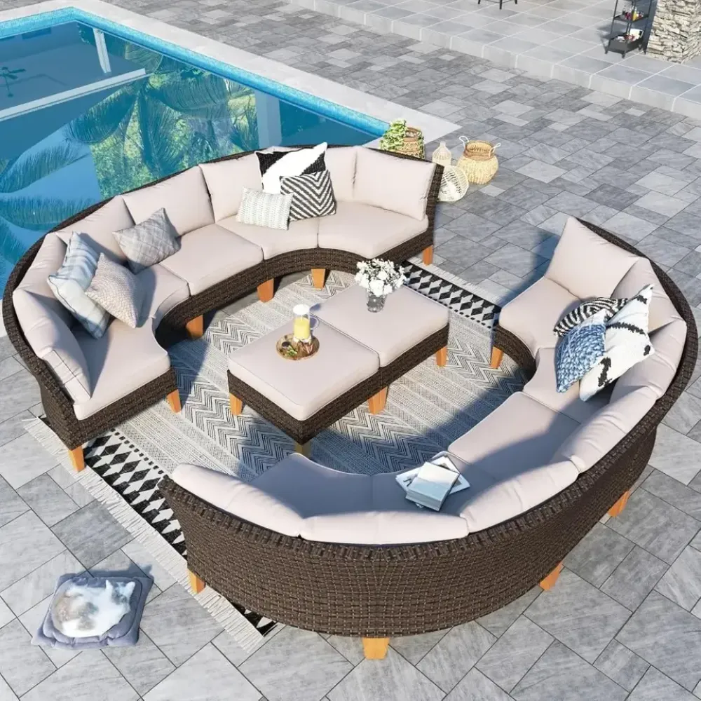 12 Pieces Patio Furniture Sets with 4 X Curved Sofa, 2X Armless Sofa, 2 X Ottoman, Oversized Half-Moon Patio Furniture Set