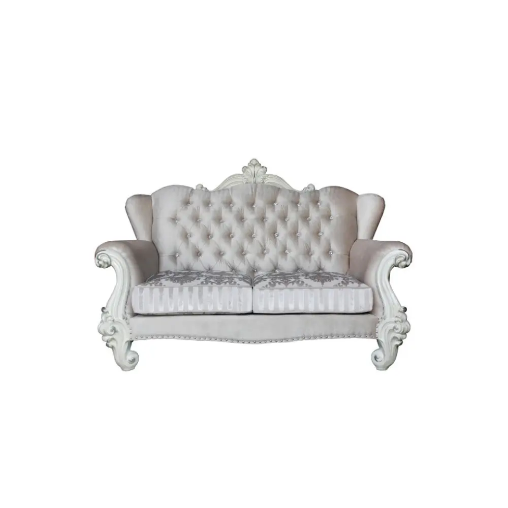 Versailles Loveseat W/3 Pillows in Ivory Velvet & Bone White Modern Luxury European Style Hand Carved Solid Wood Sofa Set With