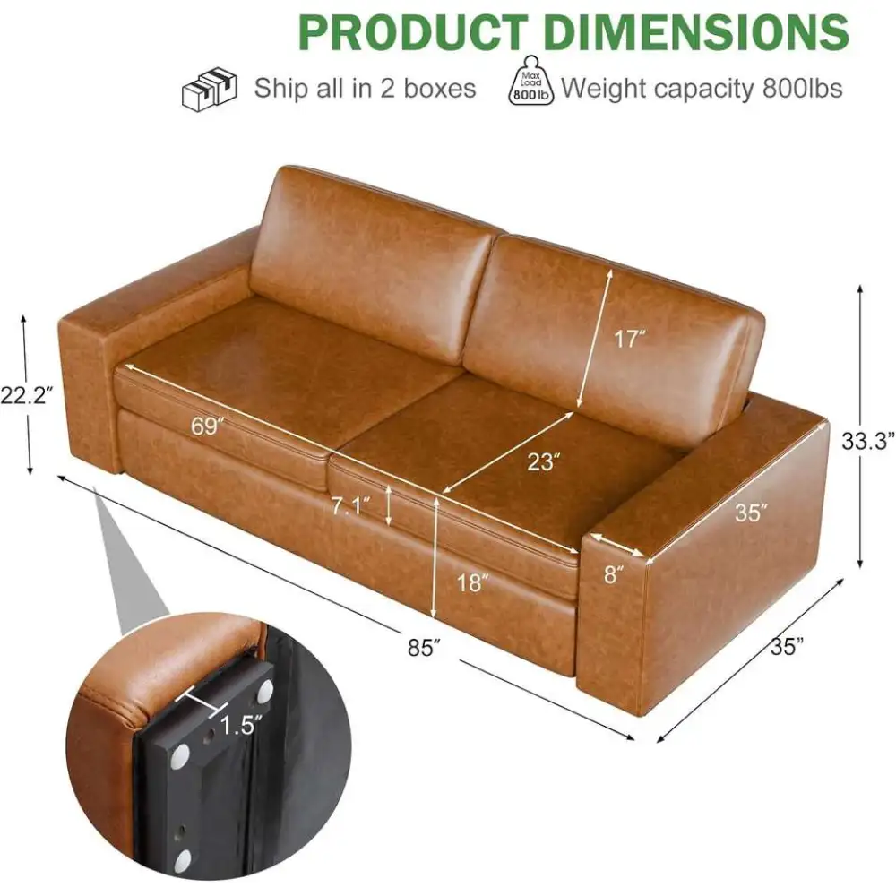 85" Faux Leather Sofa Couches, 2 Piece Mid-Century Modern Sofa with Extra Deep Seats,Upholstered Sofa Cushion&Removable