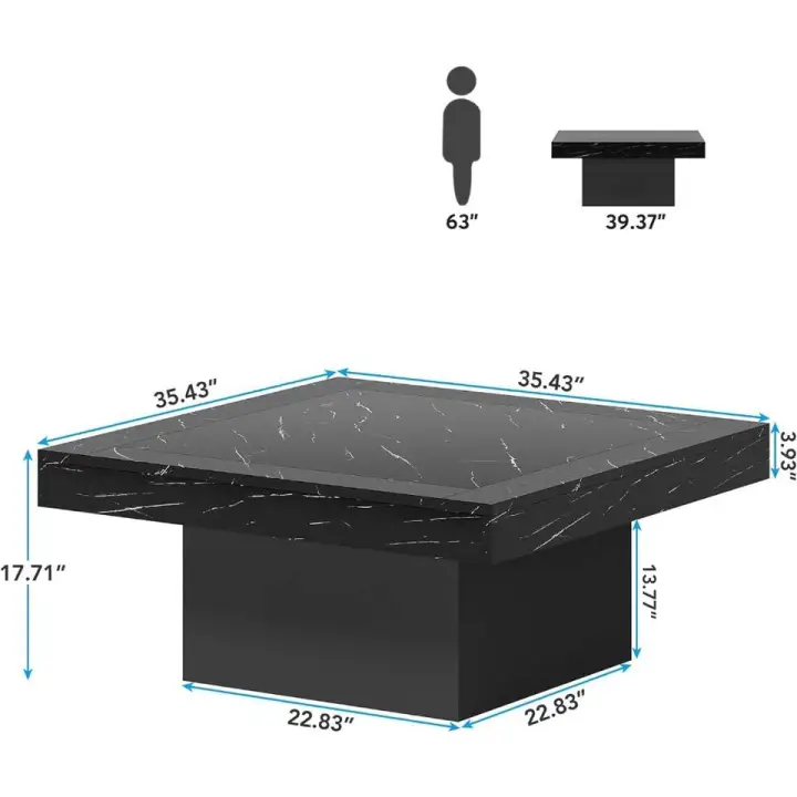 Coffee Table Square LED Coffee Table Engineered Wood Low Coffee Table for Living Room (Faux Marble Black+Black)