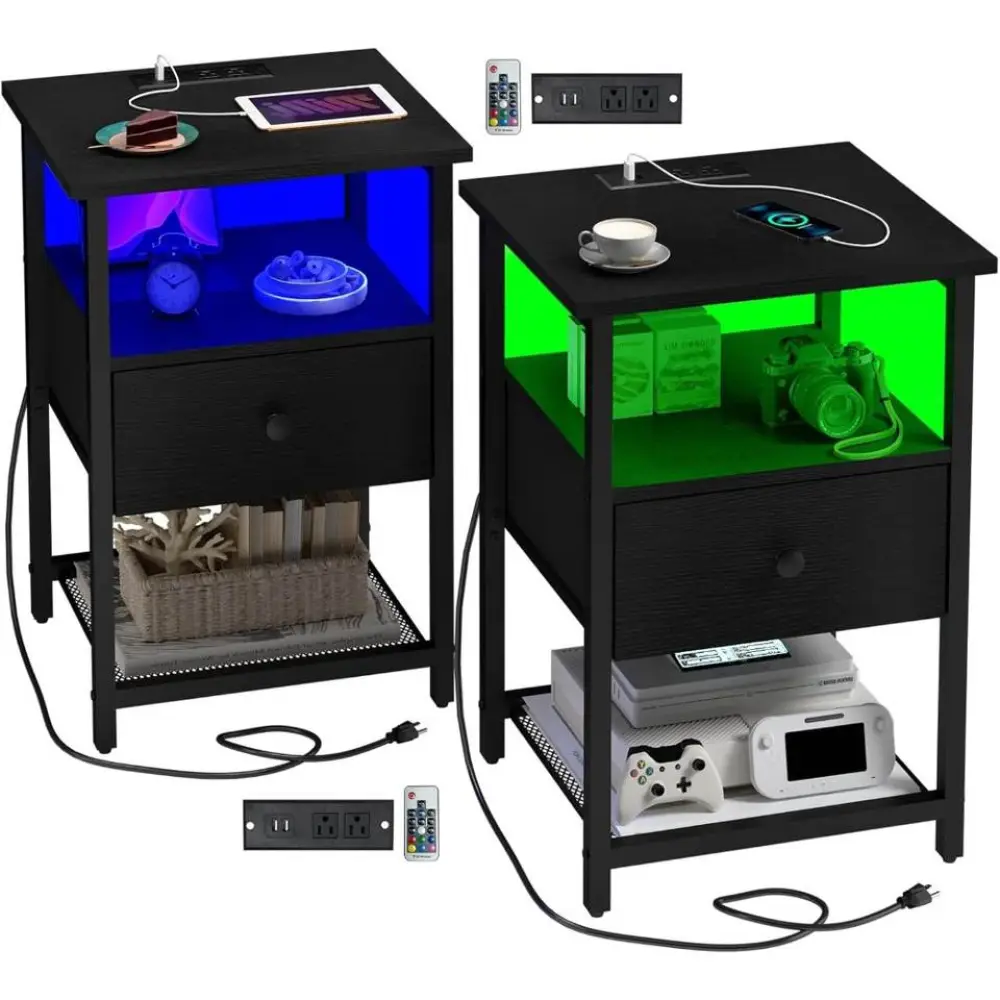 LED Nightstands Set of 2 with Charging Station, Bedside Tables with USB Ports and Outlets, End Table with Fabric-Wood 2-in-1 Dra