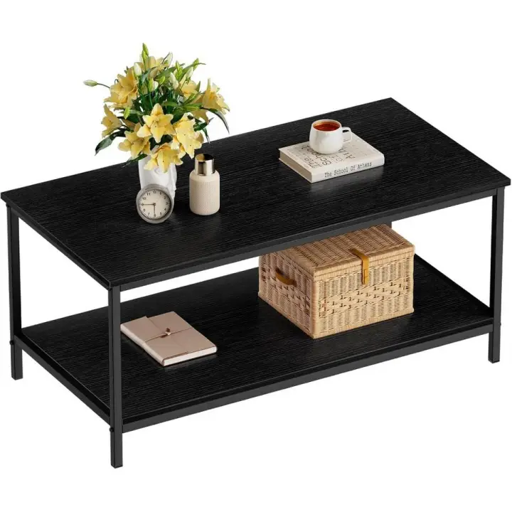 Black Coffee Table for Living Room Modern Rectangle 2-Tier Coffee Tables with Storage Industrial Wood Center Table for L