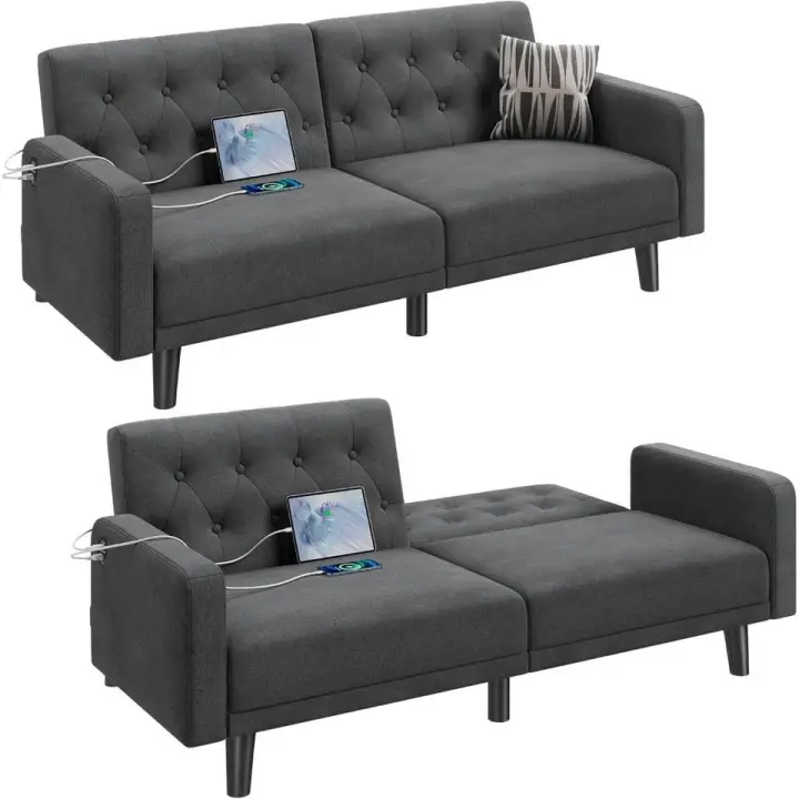 63” Convertible Couch Sofa Bed with 2 USB, Reclining Futon Sleeper with Adjustable Backrest & Removable Armrests,