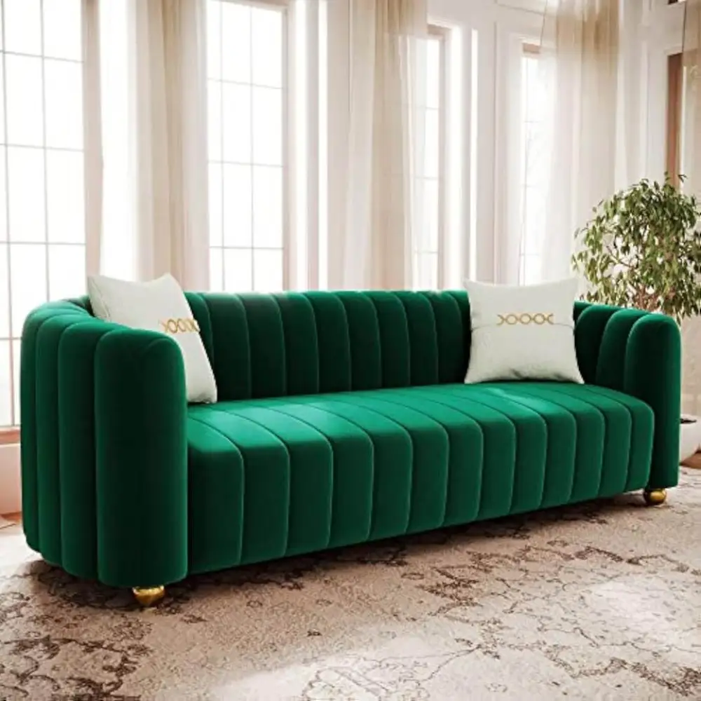 KEAI 83.46 Green Velvet Couch for Living Room Emerald Green Large Modern Sofa with Gold Metal Sphere Legs Comfy 3 Seater Cute Sh