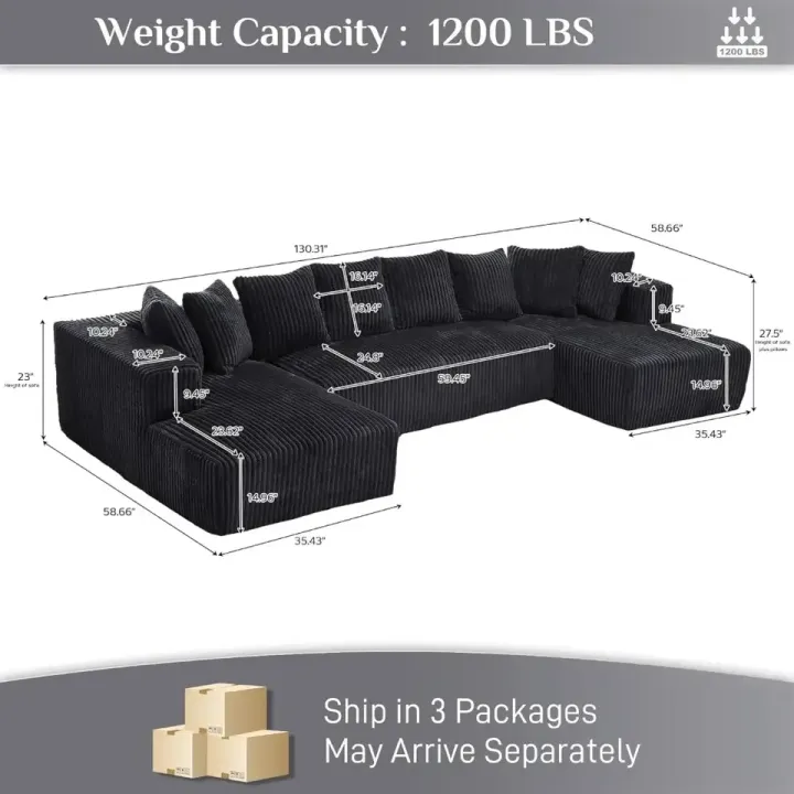 131" Modular Sectional Couch, Luxury Black Sectional Couches for Living Room,Corduroy Couch Sectional Sofa with Chaise Lounge