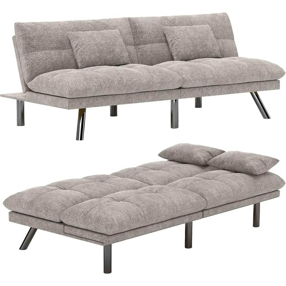 Futon Sofa Bed Convertible 70 inch Solid Wood Couch for Living Room, Chenille Fabric, 2 Cushions (Gray)