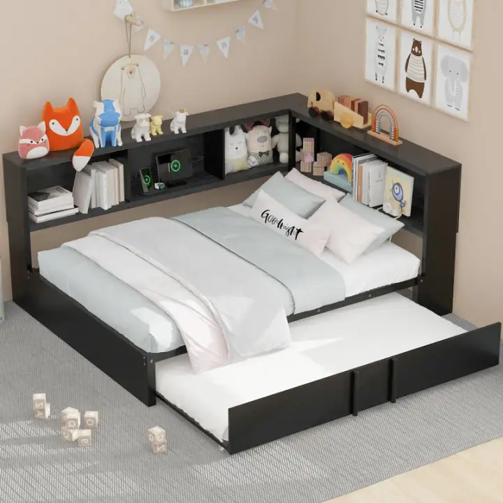 Metal Full Size Daybed with Trundle, Storage Cabinets and USB Ports, Black