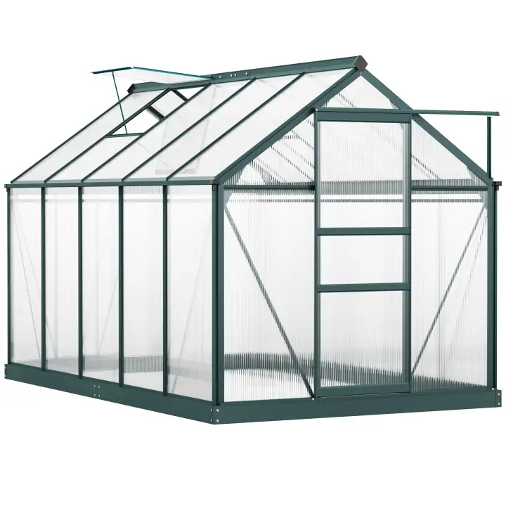 Outsunny 6' x 10' Greenhouse for Outdoors Polycarbonate Greenhouse with Rain Gutter and Roof Vent Aluminum Walk-in Green Houses for Outside for Patio Backyard Garden Dark Green