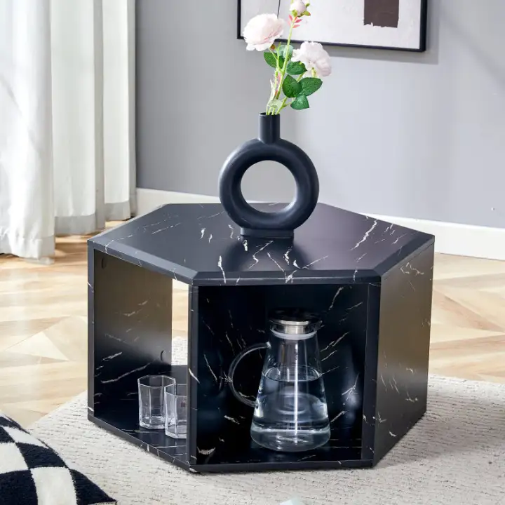 Hexagonal MDF coffee table, black marble pattern stickers, multi-hole design to give more storage space, simple and convenient design makes it suitable for all kinds of style scenes. 25*21.6